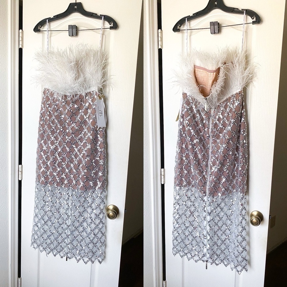 Bronx & Banco Afiyá x Coco Feather Sequin Midi Dress White Silver Size Large NWT - Picture 2 of 8